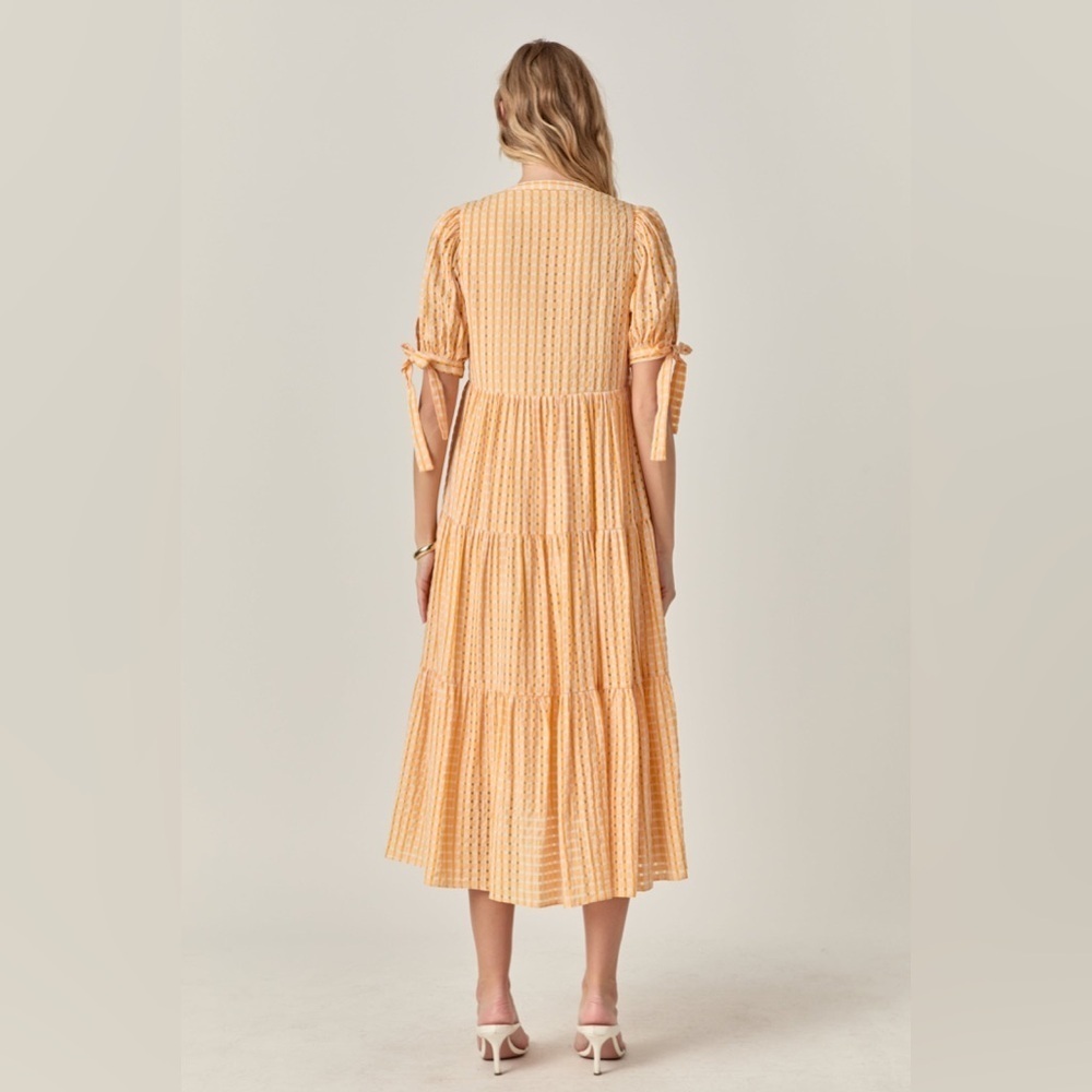 English factory Gingham Tiered Midi Dress Bow Tie Sleeves Orange XS pockets pink - Picture 2 of 14